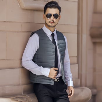 Мъжка жилетка от полиестер с тънък плат, райе, V-образно деколте, патч джобове Mingji, ребрени кантове, прав край