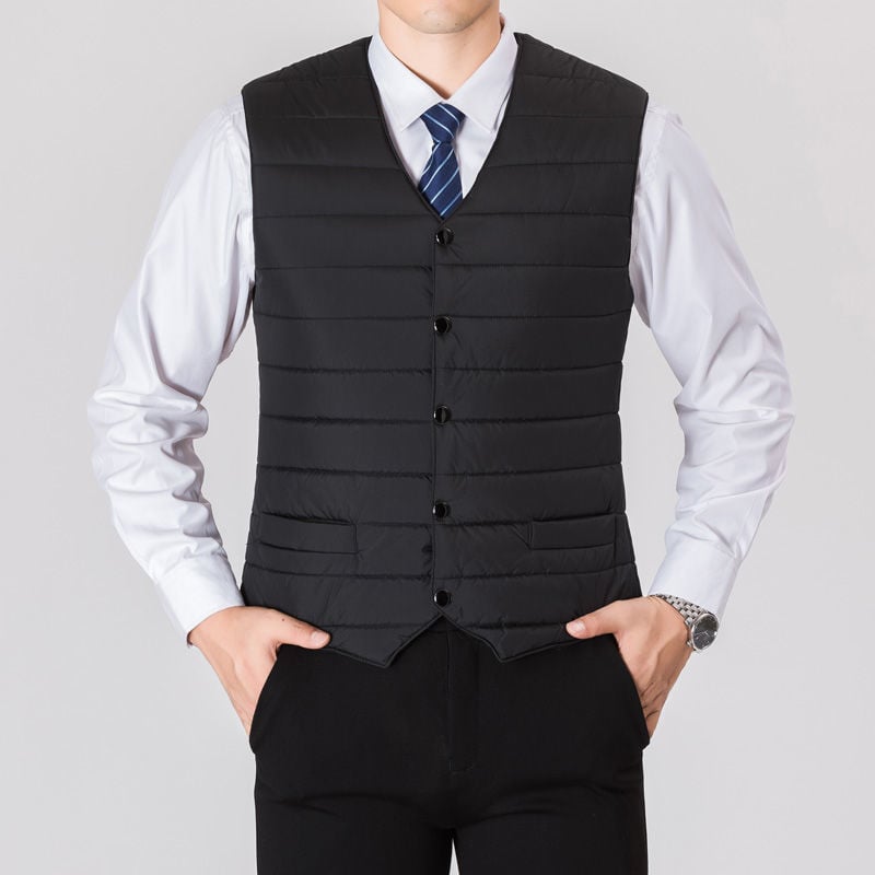 Мъжка жилетка от полиестер с тънък плат, райе, V-образно деколте, патч джобове Mingji, ребрени кантове, прав край