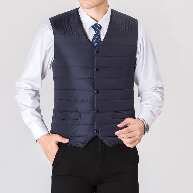 Мъжка жилетка от полиестер с тънък плат, райе, V-образно деколте, патч джобове Mingji, ребрени кантове, прав край