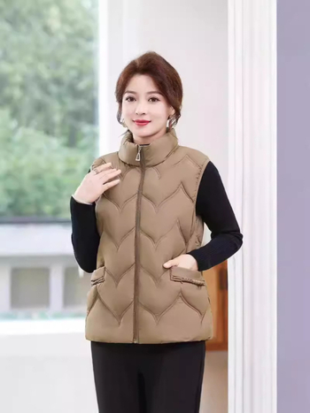 Памучно подплатена жилетка с яка-стойка, цип, къса дължина, полиестерна тъкан