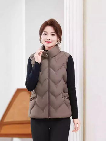 Памучно подплатена жилетка с яка-стойка, цип, къса дължина, полиестерна тъкан