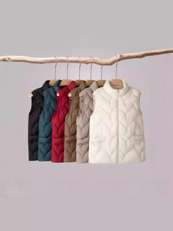 Памучно подплатена жилетка с яка-стойка, цип, къса дължина, полиестерна тъкан