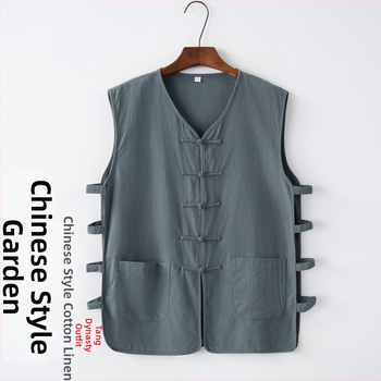 Свободна кройка жилетка от памучно-полиестерова смес, райе, танг-стил китайски ретро, летен модел