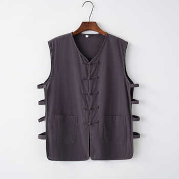 Свободна кройка жилетка от памучно-полиестерова смес, райе, танг-стил китайски ретро, летен модел