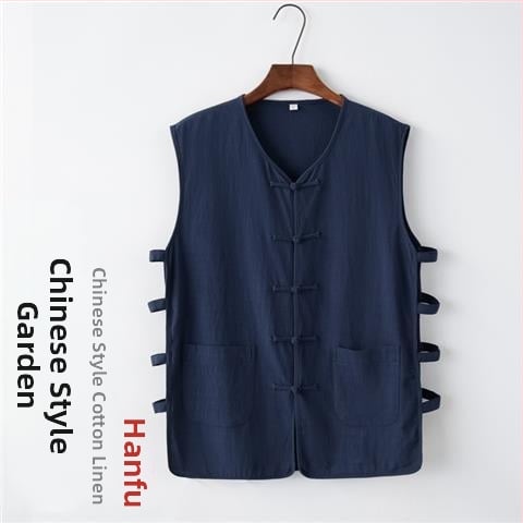 Свободна кройка жилетка от памучно-полиестерова смес, райе, танг-стил китайски ретро, летен модел