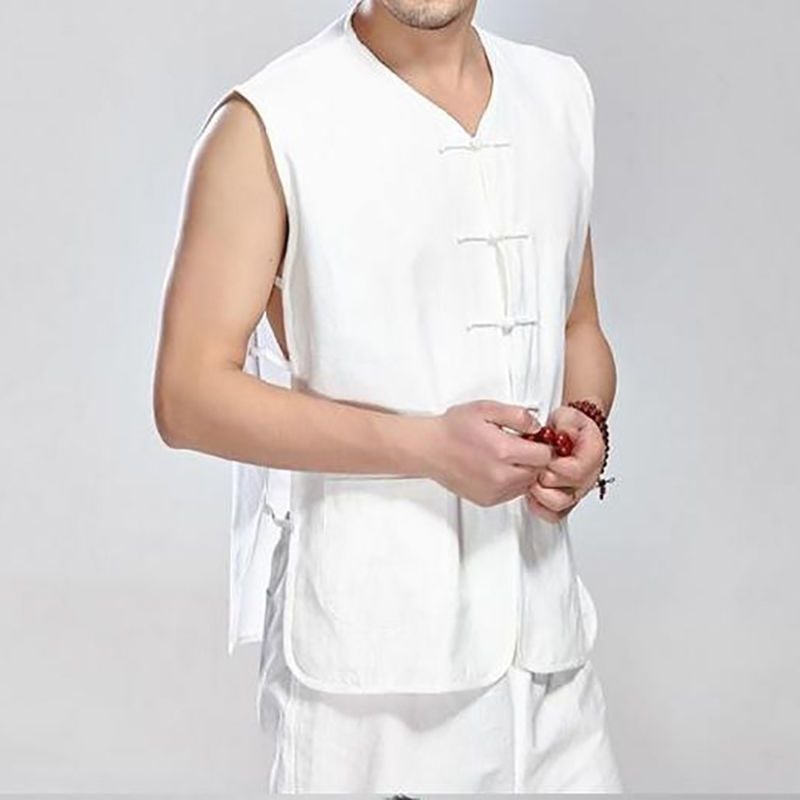 Свободна кройка жилетка от памучно-полиестерова смес, райе, танг-стил китайски ретро, летен модел