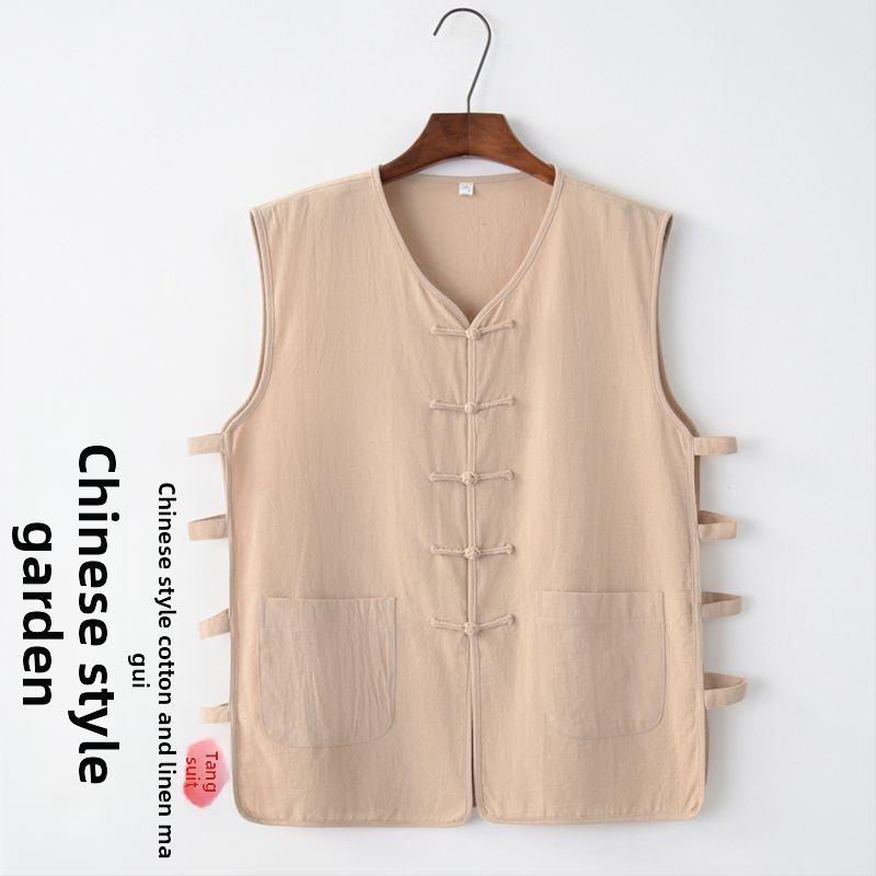 Свободна кройка жилетка от памучно-полиестерова смес, райе, танг-стил китайски ретро, летен модел