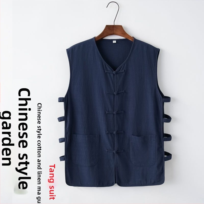 Свободна кройка жилетка от памучно-полиестерова смес, райе, танг-стил китайски ретро, летен модел