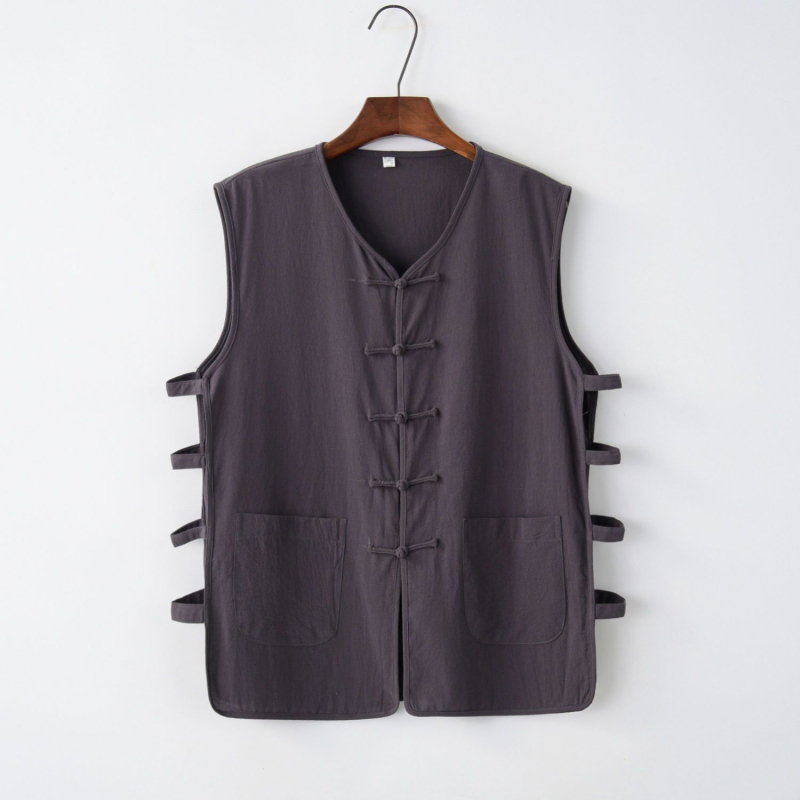 Свободна кройка жилетка от памучно-полиестерова смес, райе, танг-стил китайски ретро, летен модел