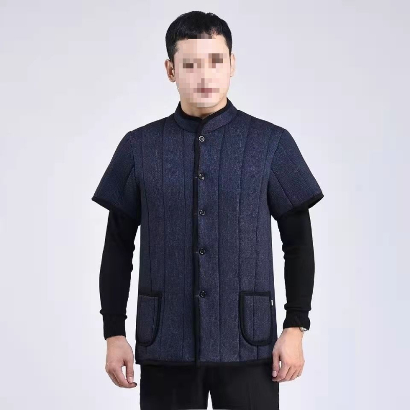 Памучна мъжка жилетка с качулка, тясна кройка, стояща яка, двойно закопчаване, външен плат corduroy и подплата от лен