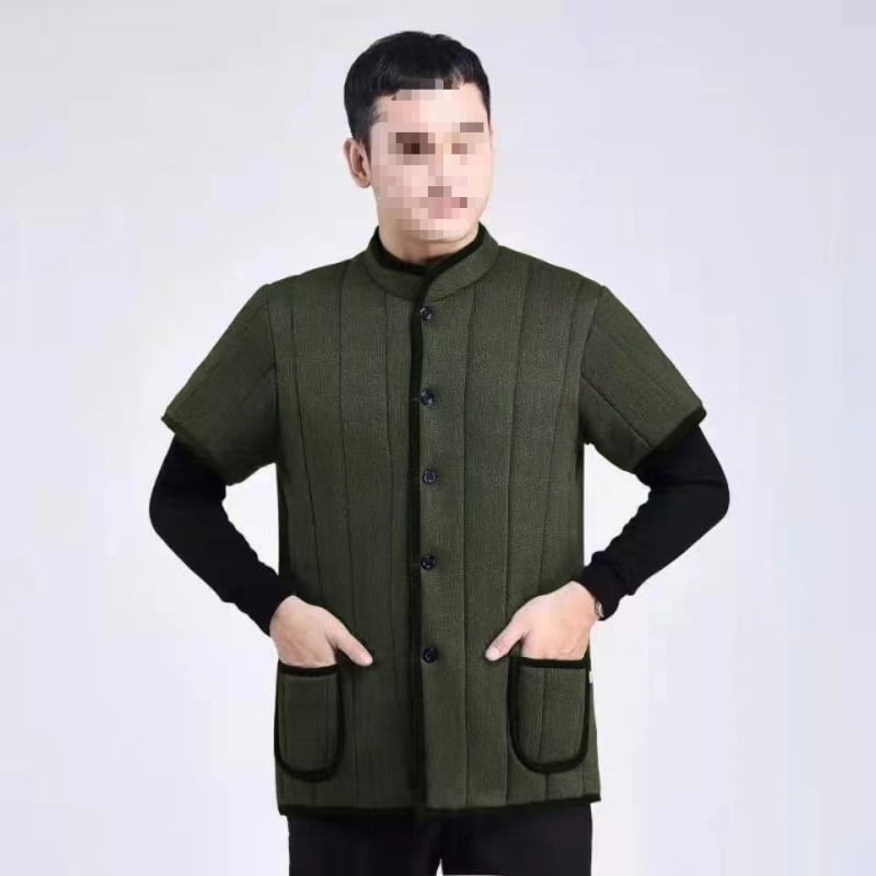 Памучна мъжка жилетка с качулка, тясна кройка, стояща яка, двойно закопчаване, външен плат corduroy и подплата от лен