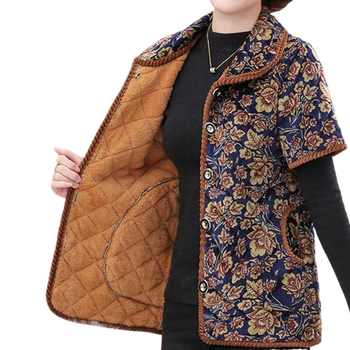 Женски зимен елек 2023: флокинг, принт и копчета, градски стил; основна тъкан 90–95%; регулярен крой