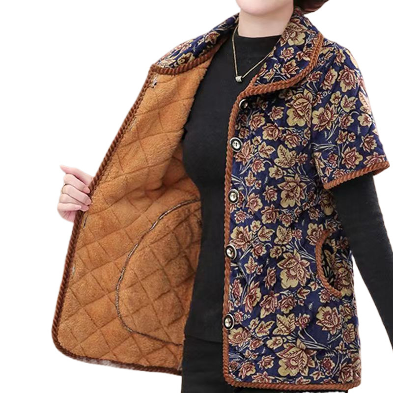 Женски зимен елек 2023: флокинг, принт и копчета, градски стил; основна тъкан 90–95%; регулярен крой