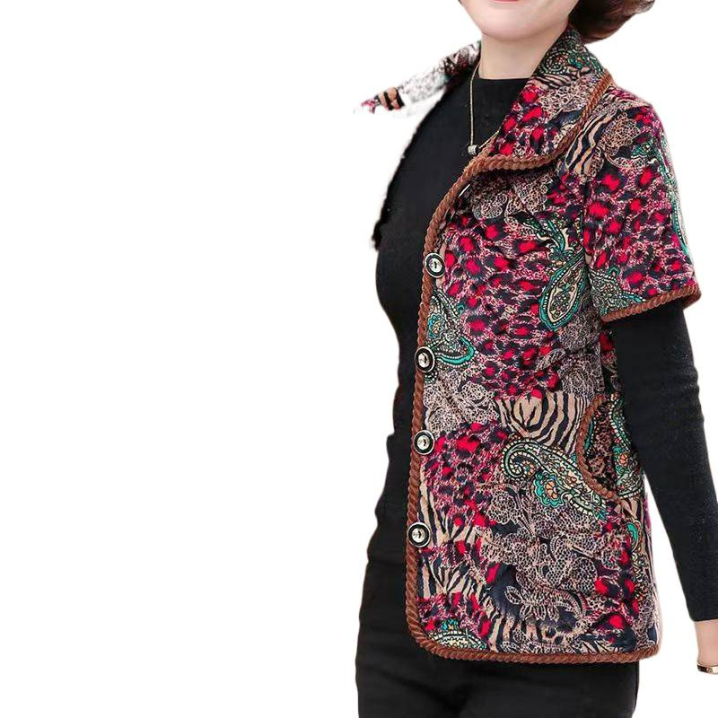 Женски зимен елек 2023: флокинг, принт и копчета, градски стил; основна тъкан 90–95%; регулярен крой