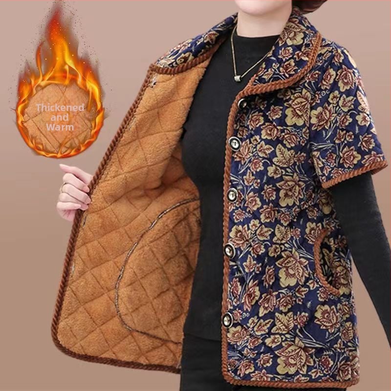 Женски зимен елек 2023: флокинг, принт и копчета, градски стил; основна тъкан 90–95%; регулярен крой