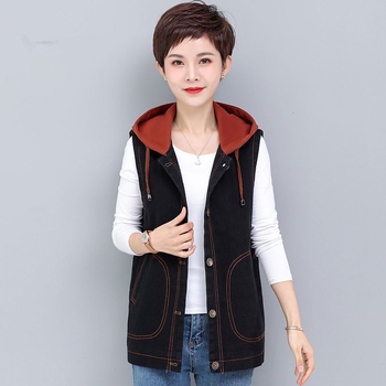 Дънково-памучна жилетка с качулка, халтер яка, лято 2024