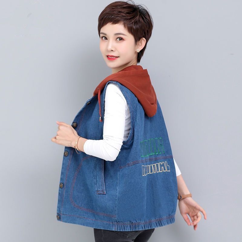 Дънково-памучна жилетка с качулка, халтер яка, лято 2024