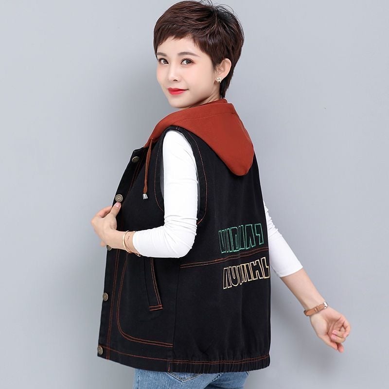 Дънково-памучна жилетка с качулка, халтер яка, лято 2024