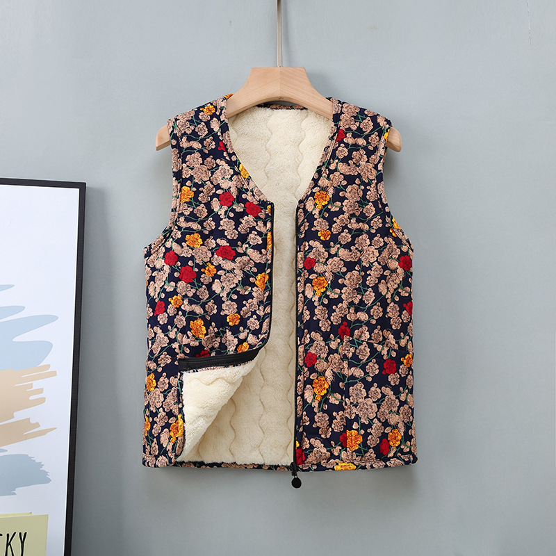 Rāvējslēdzēja veste ar fleece odere un ziedu rakstu, poliestera audums, ikdienas/elegants pilsētas stils, rudens–ziemas sezona