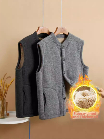 Зимно пригодена флис жилетка за възрастни мъже — V-образно деколте, без ръкави, мъхнат флис, свободен силует, патч джобове