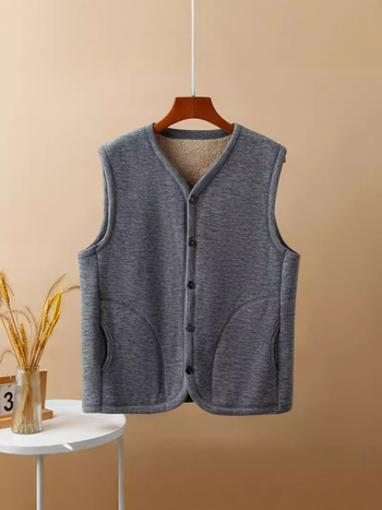 Зимно пригодена флис жилетка за възрастни мъже — V-образно деколте, без ръкави, мъхнат флис, свободен силует, патч джобове