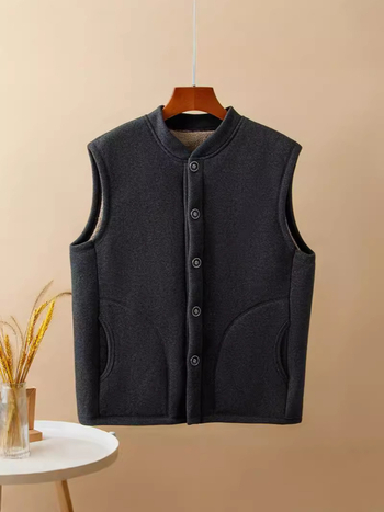 Зимно пригодена флис жилетка за възрастни мъже — V-образно деколте, без ръкави, мъхнат флис, свободен силует, патч джобове