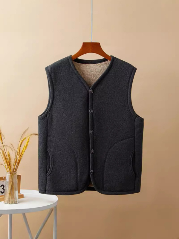 Зимно пригодена флис жилетка за възрастни мъже — V-образно деколте, без ръкави, мъхнат флис, свободен силует, патч джобове