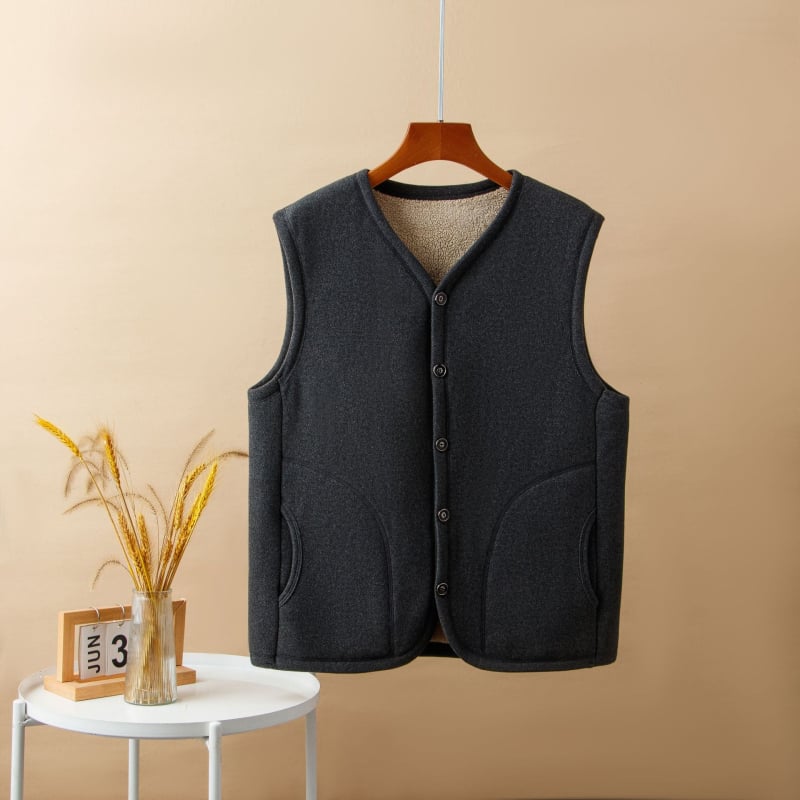 Зимно пригодена флис жилетка за възрастни мъже — V-образно деколте, без ръкави, мъхнат флис, свободен силует, патч джобове