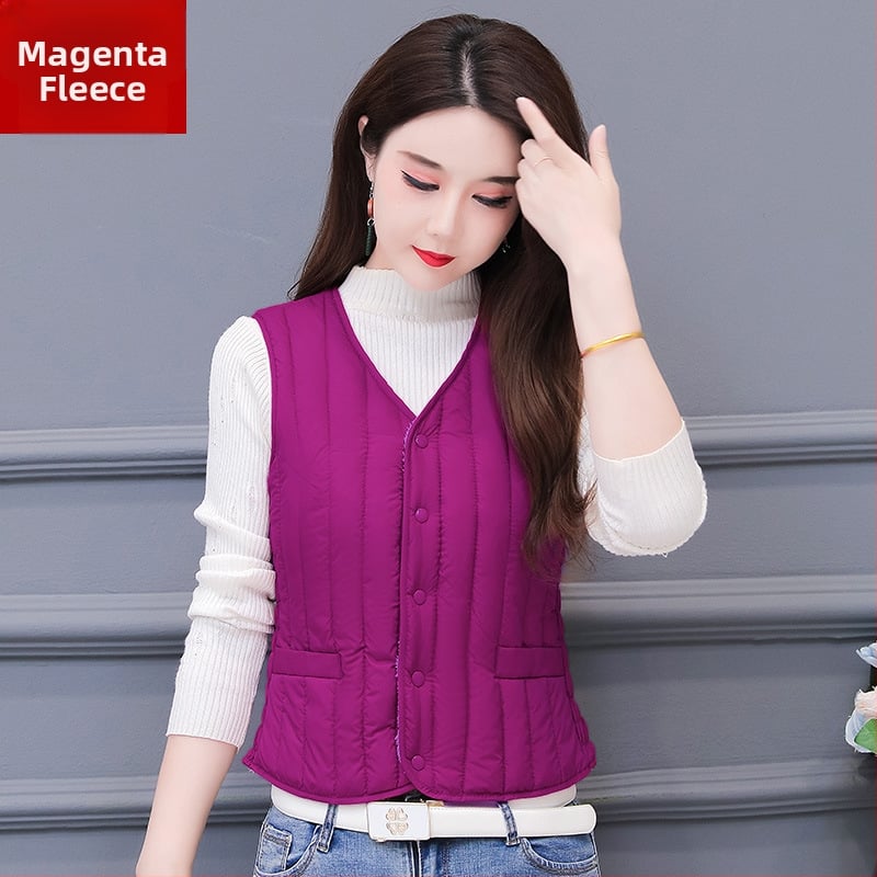 Дамска есенно-зимна жилетка с пух-памук, къс талия, без яка, триизмерно стеснена кройка, найлонова външна материя, пълнител полиестер