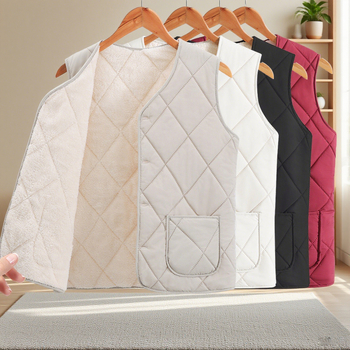 Безръкав флийсов жилетка с памучен пълнеж, градски стил, V-образно деколте, геометричен модел, есенно-зимен