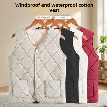 Безръкав флийсов жилетка с памучен пълнеж, градски стил, V-образно деколте, геометричен модел, есенно-зимен