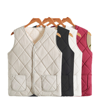 Безръкав флийсов жилетка с памучен пълнеж, градски стил, V-образно деколте, геометричен модел, есенно-зимен
