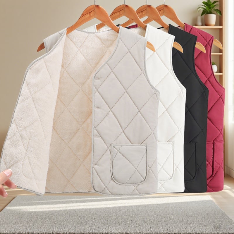 Безръкав флийсов жилетка с памучен пълнеж, градски стил, V-образно деколте, геометричен модел, есенно-зимен