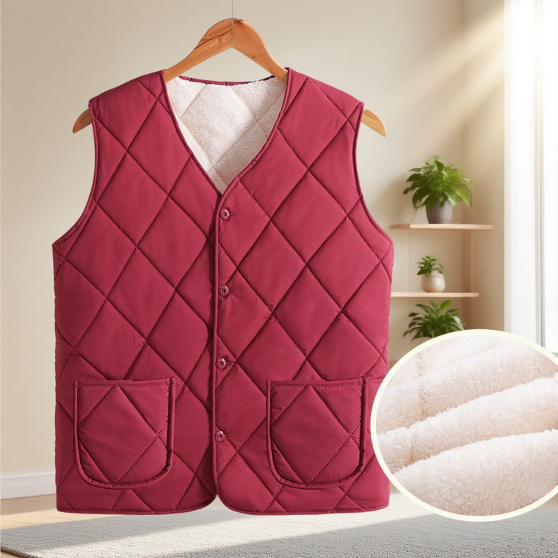 Безръкав флийсов жилетка с памучен пълнеж, градски стил, V-образно деколте, геометричен модел, есенно-зимен