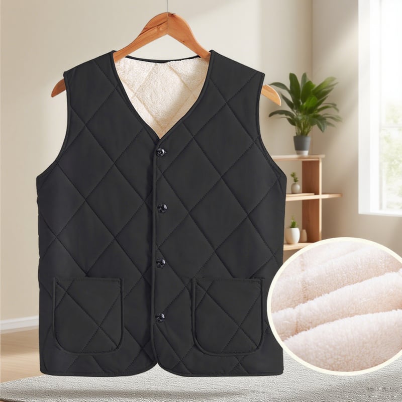 Безръкав флийсов жилетка с памучен пълнеж, градски стил, V-образно деколте, геометричен модел, есенно-зимен
