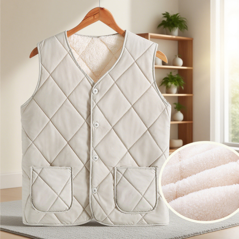 Безръкав флийсов жилетка с памучен пълнеж, градски стил, V-образно деколте, геометричен модел, есенно-зимен