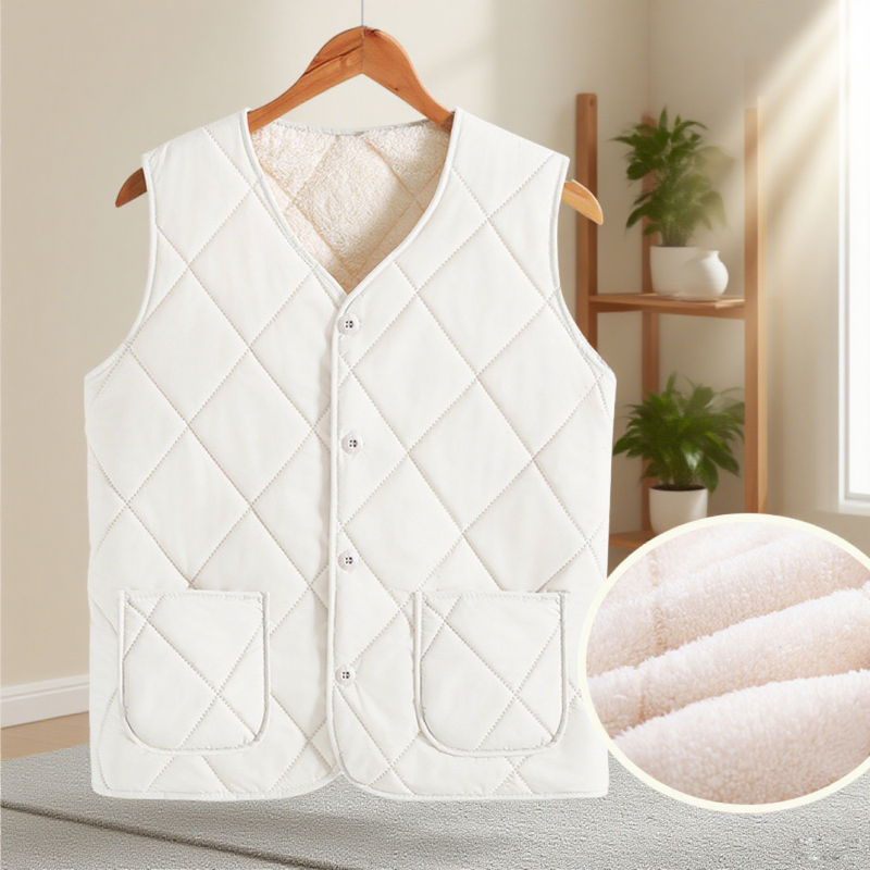 Безръкав флийсов жилетка с памучен пълнеж, градски стил, V-образно деколте, геометричен модел, есенно-зимен