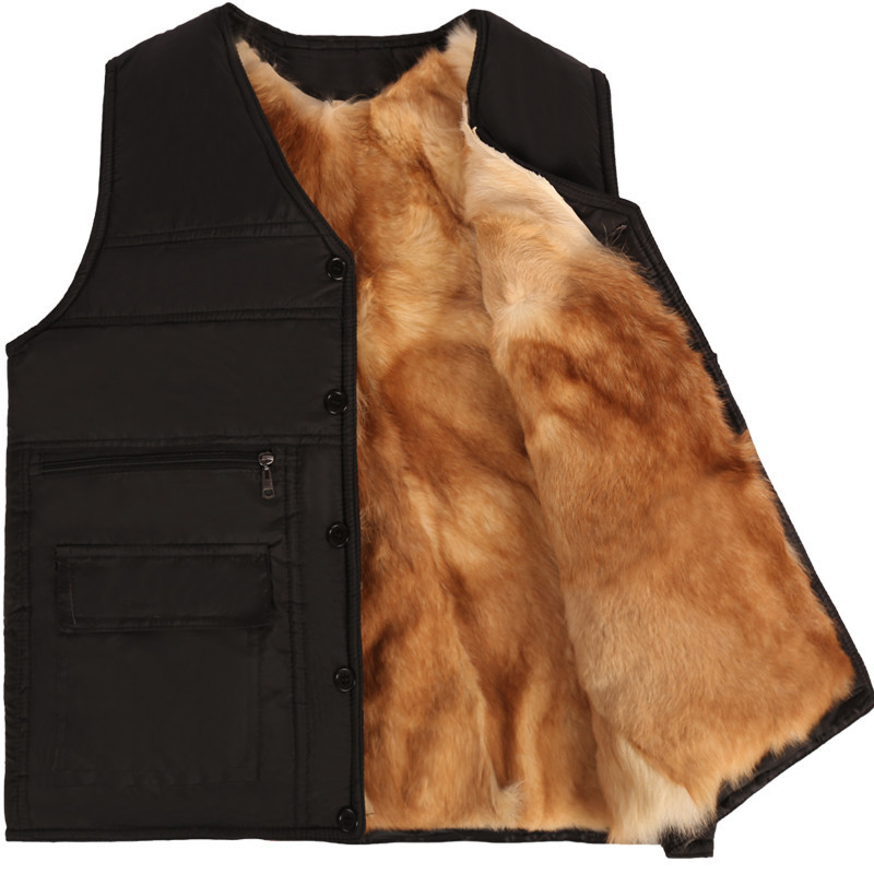 Жилетка от естествена овча кожа с вълнен основен плат, подплатена дебело полар; без качулка, прав модел, едно ред копчета, зима