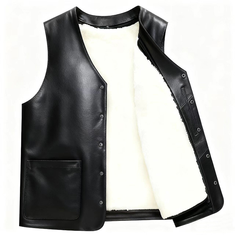 Vestă din piele naturală cu căptușeală din fleece, țesătură principală din lână, croială lejeră de tip cardigan, decolteu în V, închidere cu nasturi, buzunare cu pată tridimensională — îmbrăcăminte de iarnă pentru bărbați adulți