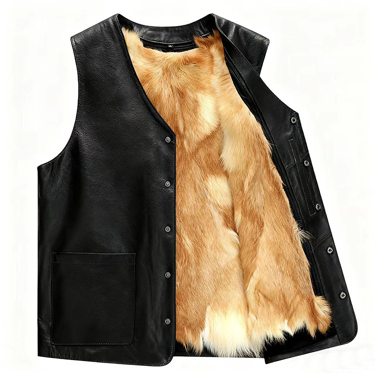 Vestă din piele naturală cu căptușeală din fleece, țesătură principală din lână, croială lejeră de tip cardigan, decolteu în V, închidere cu nasturi, buzunare cu pată tridimensională — îmbrăcăminte de iarnă pentru bărbați adulți