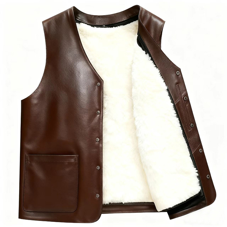 Vestă din piele naturală cu căptușeală din fleece, țesătură principală din lână, croială lejeră de tip cardigan, decolteu în V, închidere cu nasturi, buzunare cu pată tridimensională — îmbrăcăminte de iarnă pentru bărbați adulți