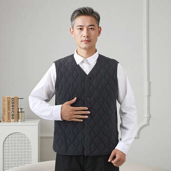 Мъжки зимен флийсов жилет с V-образно деколте, свободна кройка, еднобортно копчване, квилинг и джобове с ярък кант