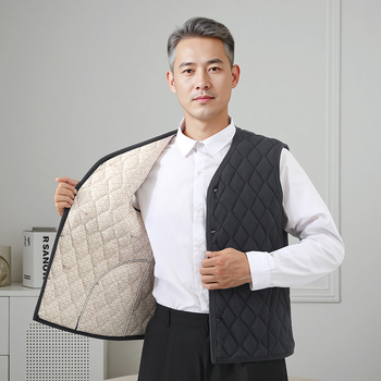 Мъжки зимен флийсов жилет с V-образно деколте, свободна кройка, еднобортно копчване, квилинг и джобове с ярък кант