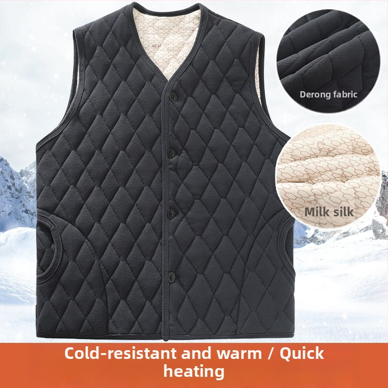 Мъжки зимен флийсов жилет с V-образно деколте, свободна кройка, еднобортно копчване, квилинг и джобове с ярък кант