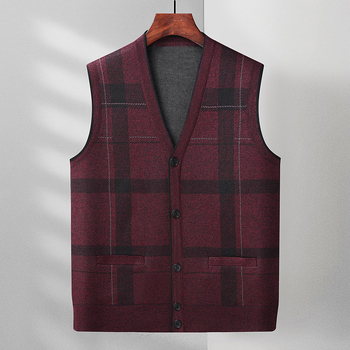 Vestă cardigan bărbați tricotată, model în carouri, guler în V, croială lejeră, nasturi, din amestec de bumbac