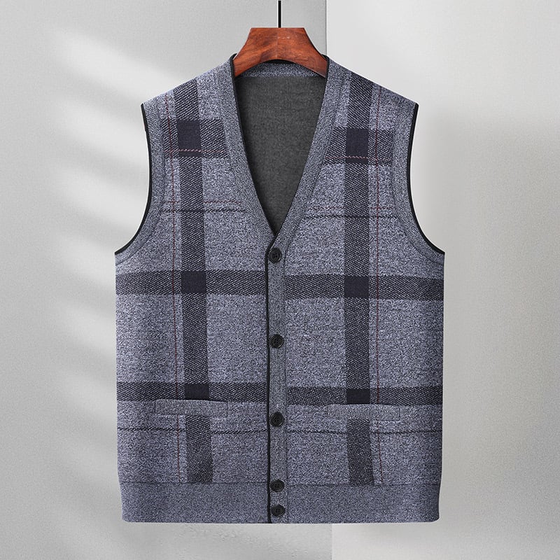 Vestă cardigan bărbați tricotată, model în carouri, guler în V, croială lejeră, nasturi, din amestec de bumbac