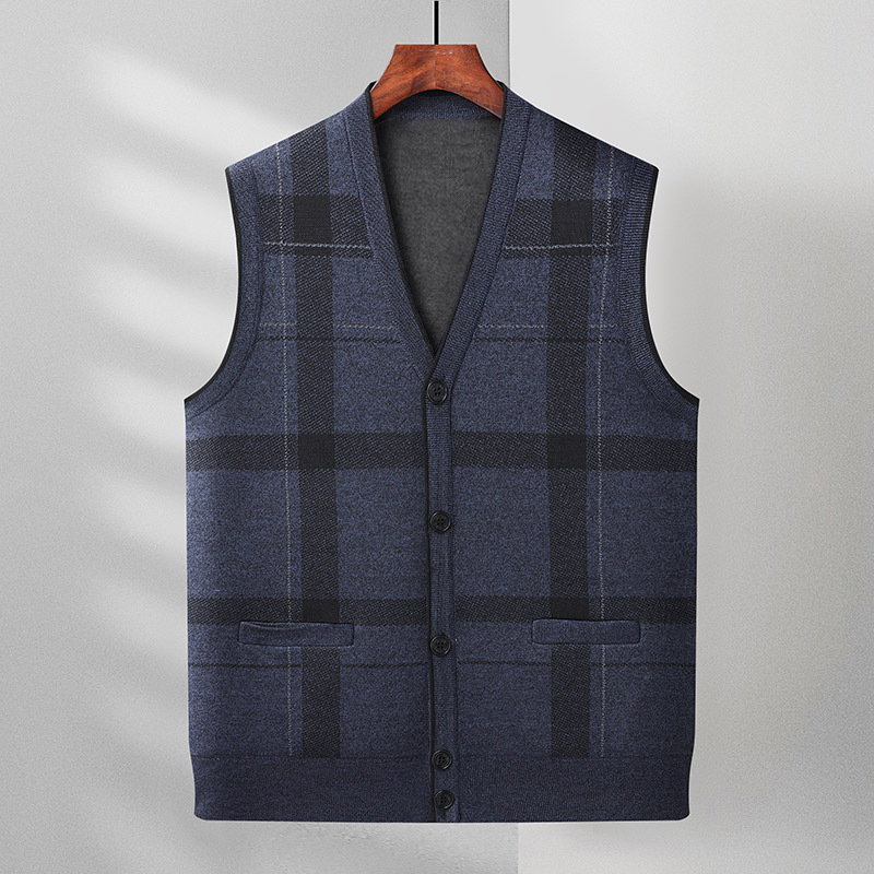 Vestă cardigan bărbați tricotată, model în carouri, guler în V, croială lejeră, nasturi, din amestec de bumbac