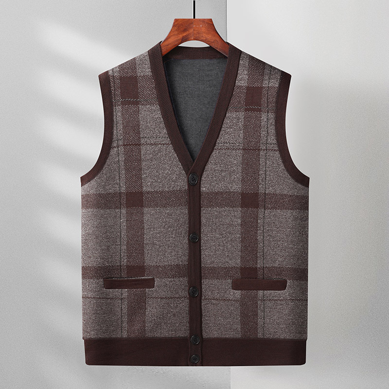 Vestă cardigan bărbați tricotată, model în carouri, guler în V, croială lejeră, nasturi, din amestec de bumbac