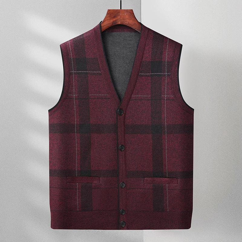Vestă cardigan bărbați tricotată, model în carouri, guler în V, croială lejeră, nasturi, din amestec de bumbac