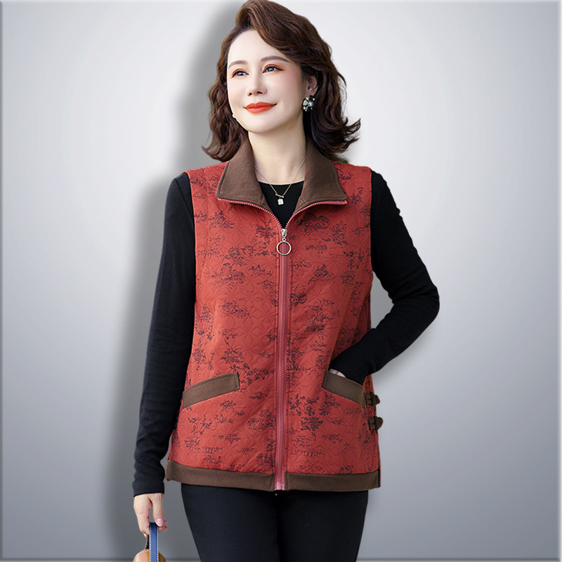 Jachetă-vestă din bumbac cu fermoar pentru femei de vârstă mijlocie și în vârstă — croială lejeră, top tip vestă, stil literar retro chinezesc, toamnă 2024